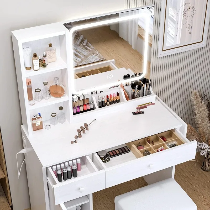 IRONCK Vanity Desk with LED Lighted Mirror & Power Outlet, Makeup Table with Drawers & Cabinet,Storage Stool,for Bedroom, White 4 IRONCK Vanity Desk with LED Lighted Mirror & Power Outlet, Makeup Table with Drawers & Cabinet,Storage Stool,for Bedroom, White 4