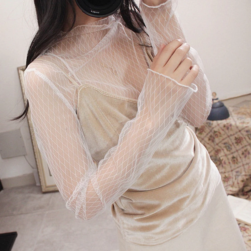 

New Mesh Top Women Sexy Sheer Fishnet See Through Transparent Top Lace Top Blouse Mesh Shirt Women tops mesh Blouses Shirt