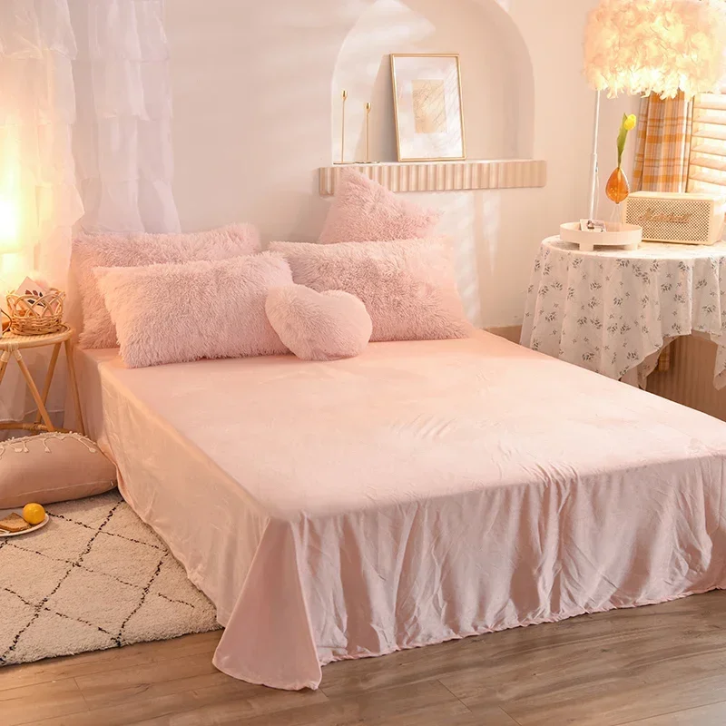 

Lovely Pure Color Winter Warm Bedding Set Plush Kawaii Duvet Cover Set with Sheets Quilt Cover and Pillowcase Warmth Bed Sets