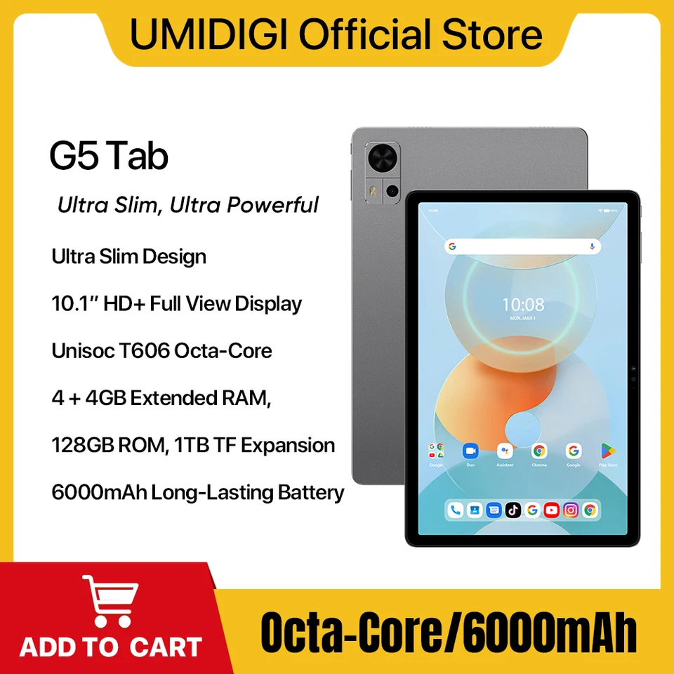 UMIDIGI G5 Tab Unlocked Android 13 Tablet 8(4+4) GB RAM+128GB,10.1” HD+  Full View Display with Pen, 6000 mAh Mega Battery with Cellular and WiFi