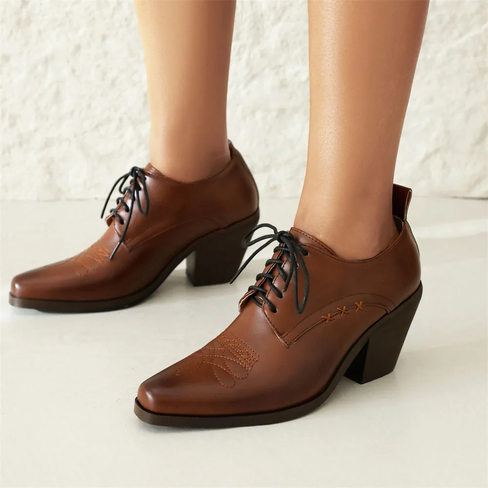 Plus Size 48 New Ladies Solid Oxfords Pumps Fashion Buckle Lace-up Chunky High Heel women's Pumps Party Office Retro Woman Shoes