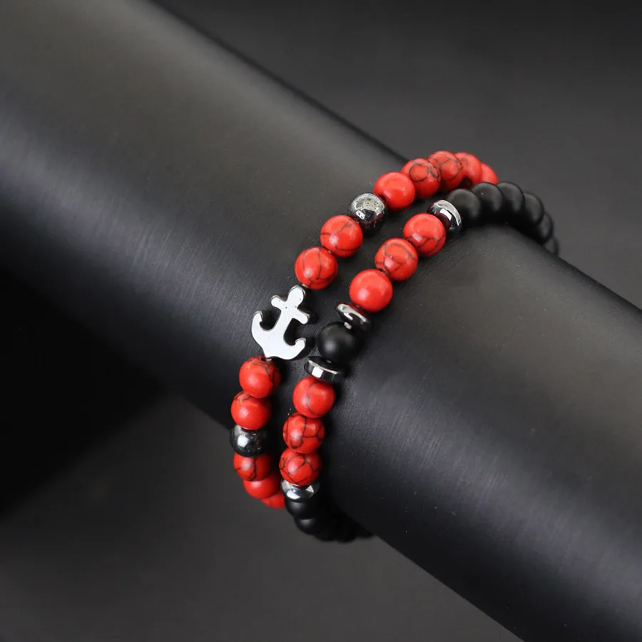 Natural Howlite Tiger Eyes Stone Anchor Bracelet For Men