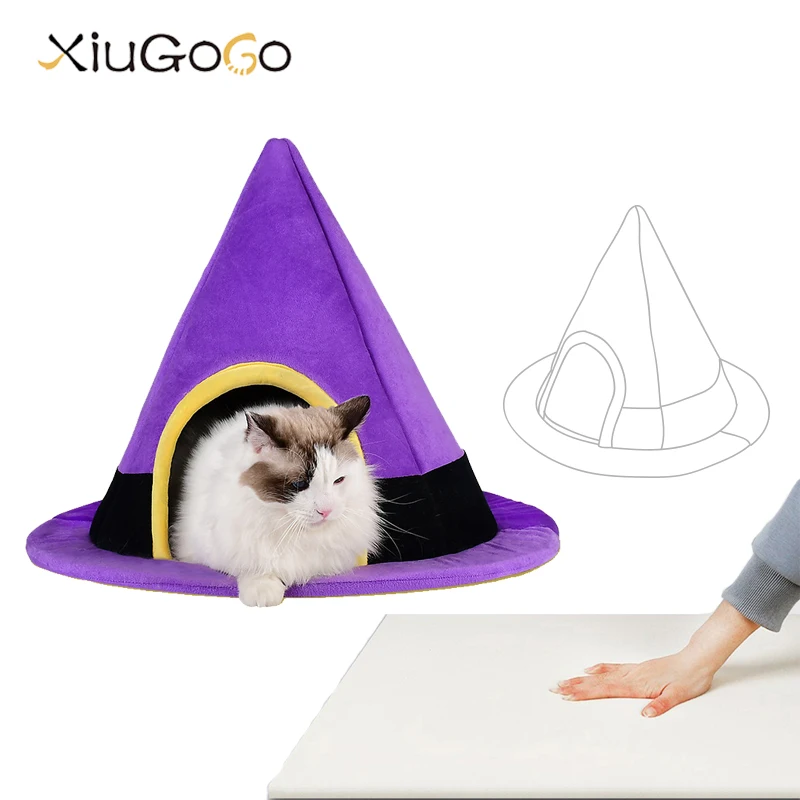 HalloweenCatBedPurpleWizardHatDesignCatHouseWarmPetNestFor