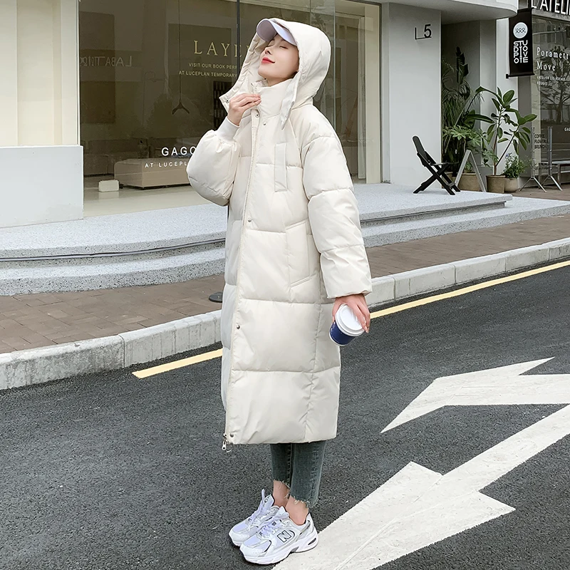 

Женское осенне-зимнее теплое хлопковое пальто с капюшоном, однотонная длинная куртка для женщин, свободная Шикарная парка на молнии, 2023