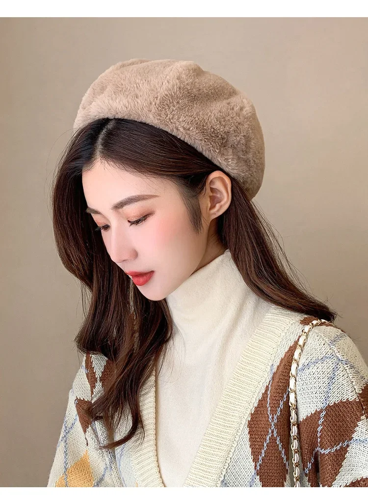 Hot Sale Y2K Rabbit Fur Beret Hat Female Autumn Winter Warm Candy Color All-match Sweet Cute Plush Painter Hats Brim Cap Gorras_autovado.com