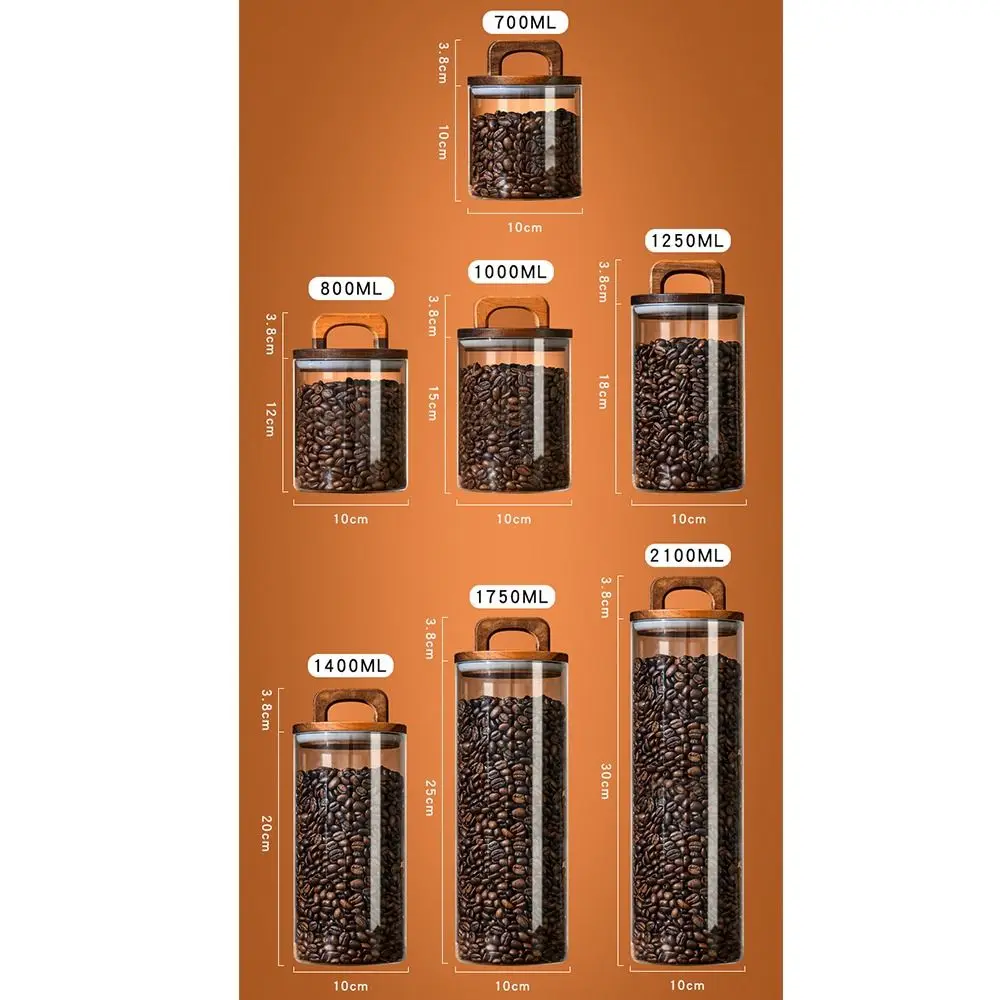 Wooden Handle Lid Glass Jars Condiment Storage Transparent Food Container Tea Coffee Beans Storage Sealed Bottles Kitchen 6