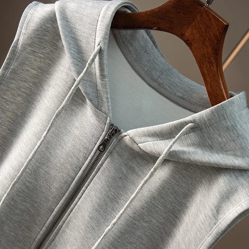 Women's Hooded Sweater Vest Spring Autumn Sleeveless Sports Top Korean Fashion Coat Cotton Cardigan Leisure Loose Solid Color