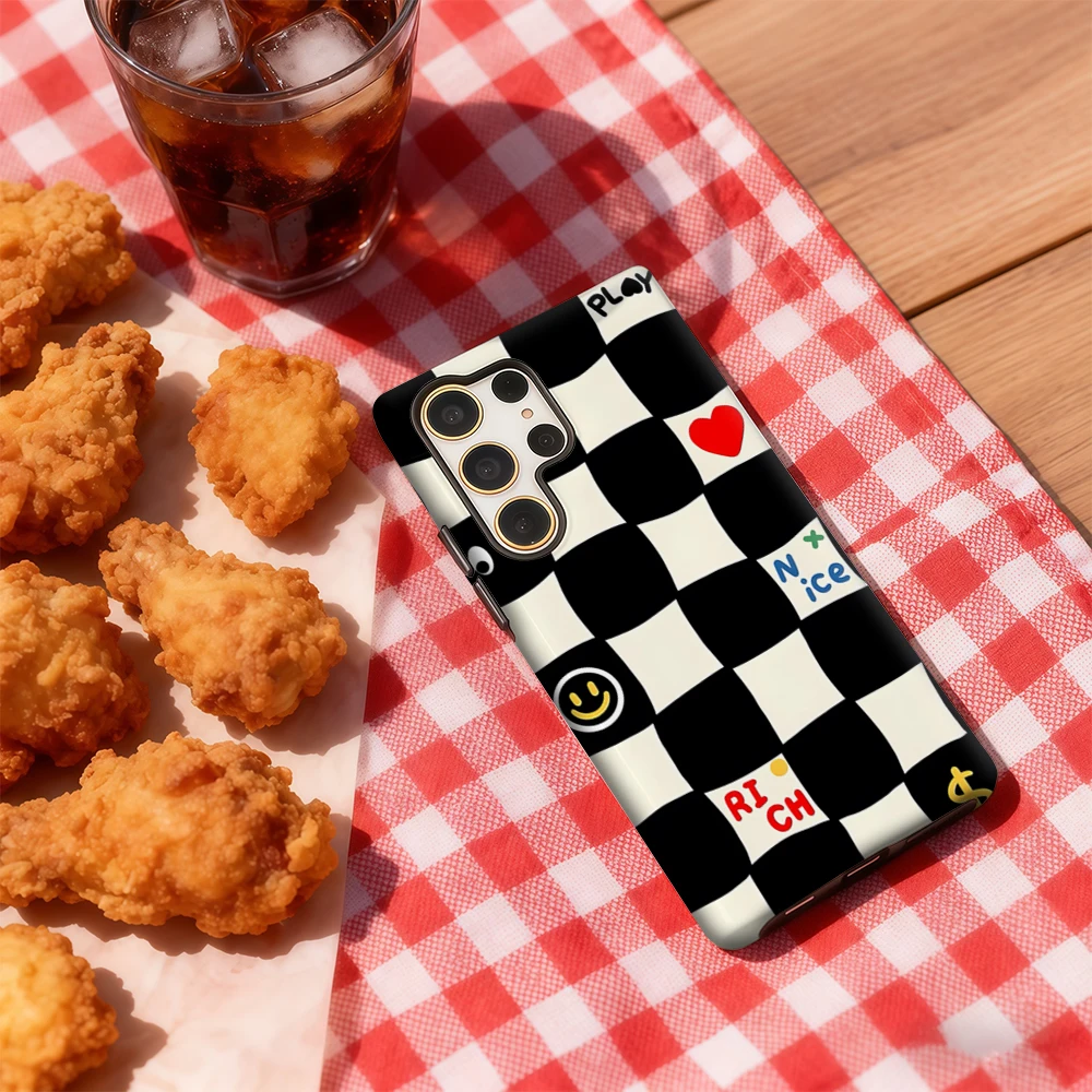 Checkerboard Shockproof Double Layer Phone Case with Cute Text Design