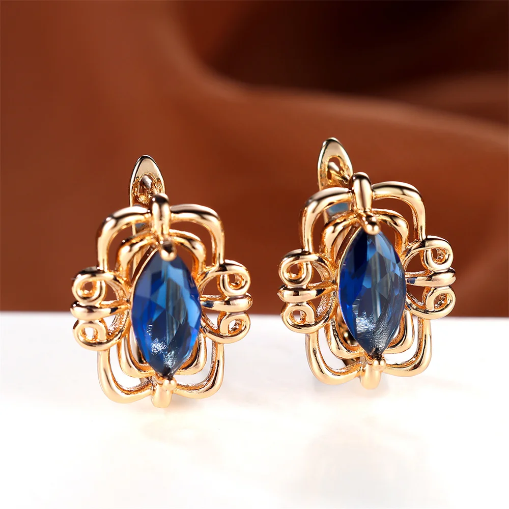 Trendy Blue Crystal Zircon Marquise Stone Hoop Earrings For Women Vintage Gold Color Ear Buckle Wedding Jewelry Engagement Gifts