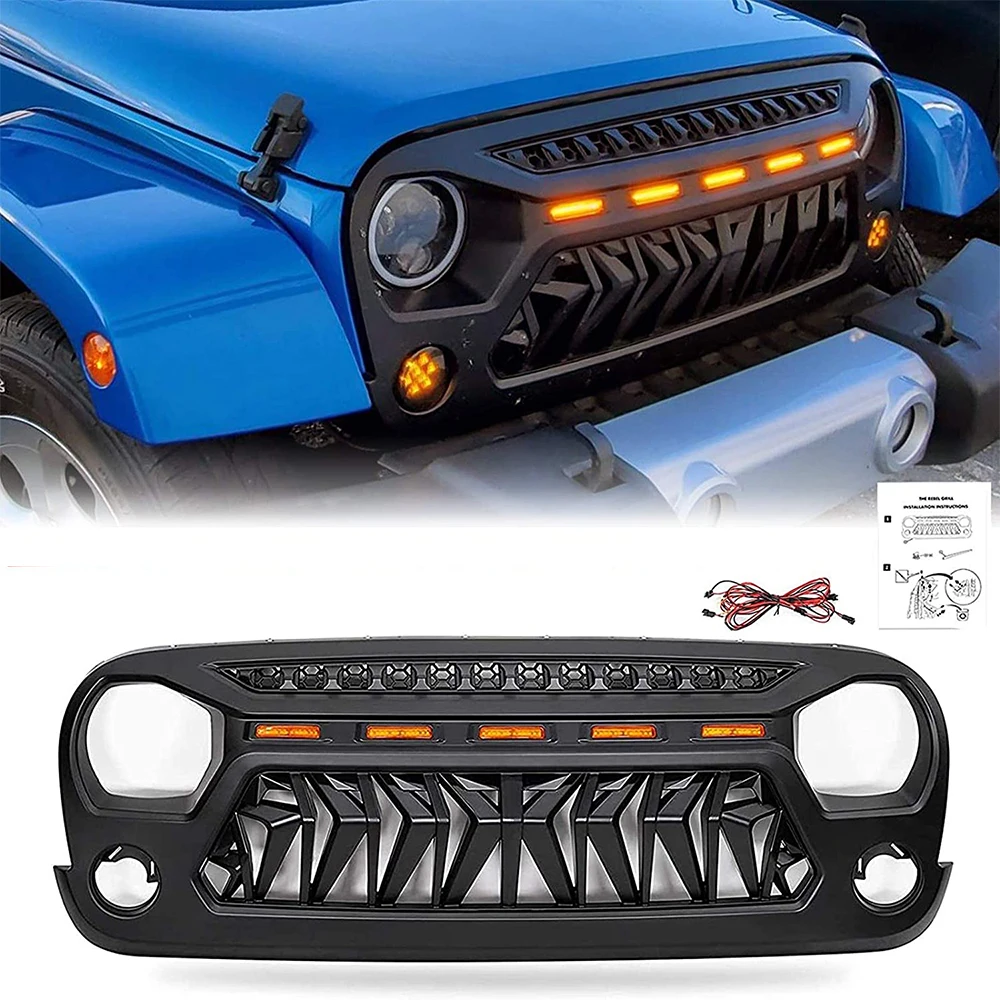 

Black Grille Shark Tooth Shape Grill with 5 Amber Lights Fit for Jeep Wrangler 2007-2017 JK JKU Unlimited Rubicon Sahara Sport