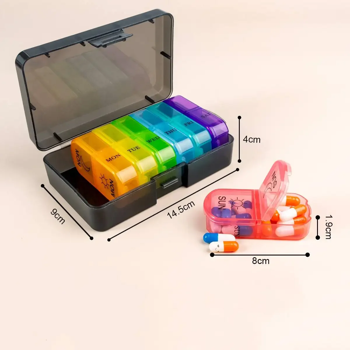 Weekly Pill Box in Rainbow Colors Portable Travel Case Medication Vitamins Supplements Large Compartments for Vitamins Medicine