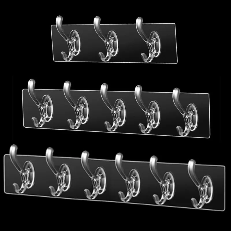 Transparent Plastic Hooks 3/5/6 Row Wall-mounted Towels Hats Keys Storage Rack Traceless Self-adhesive Bathroom Storage Hook self adhesive hooks multifunctional hooks self adhesive wall hooks bathroom organizer home storage accessories