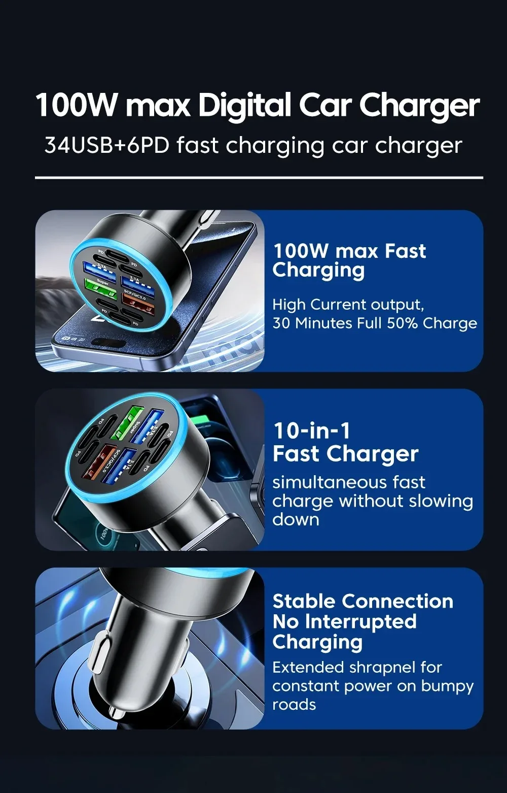10 Ports 100W PD Fast Charging QC3.0 USB Type C Auto Phone Charger For IPhone Samsung Huawei Xiaomi Adapter In Car_voghion.com