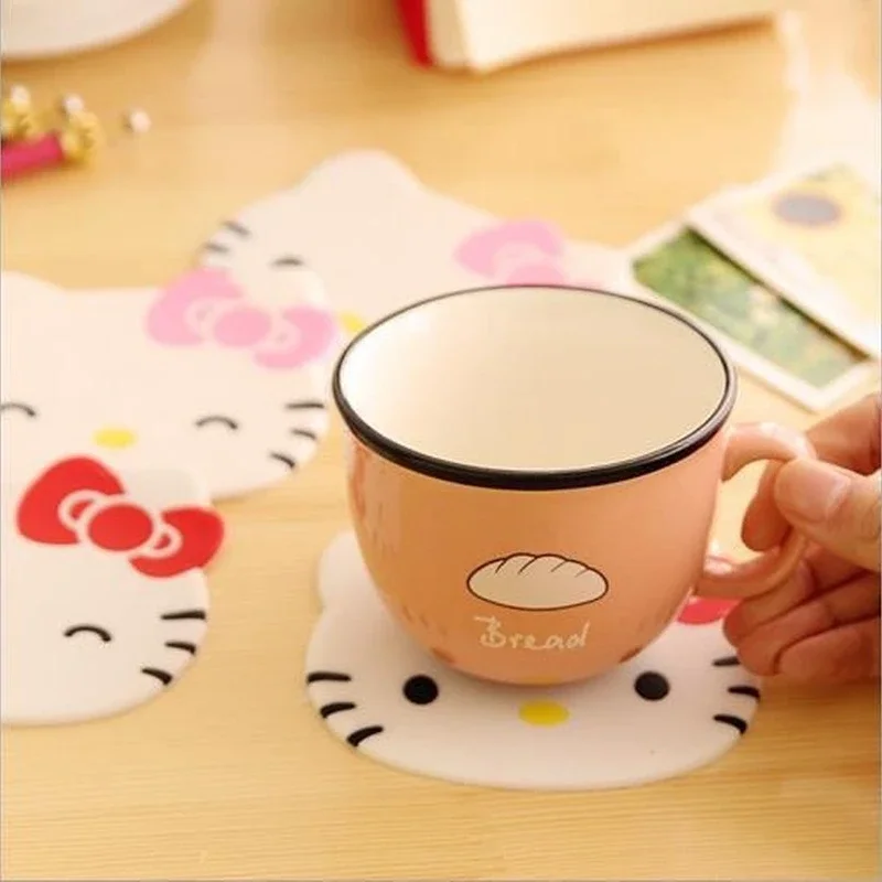 Hello Kitty Coasters Cute Cartoon Cat Head Insulated Kawaii Silica Gel Coasters Hot Drink Holder Cup Holder Kitchen Accessories silica gel coasters
