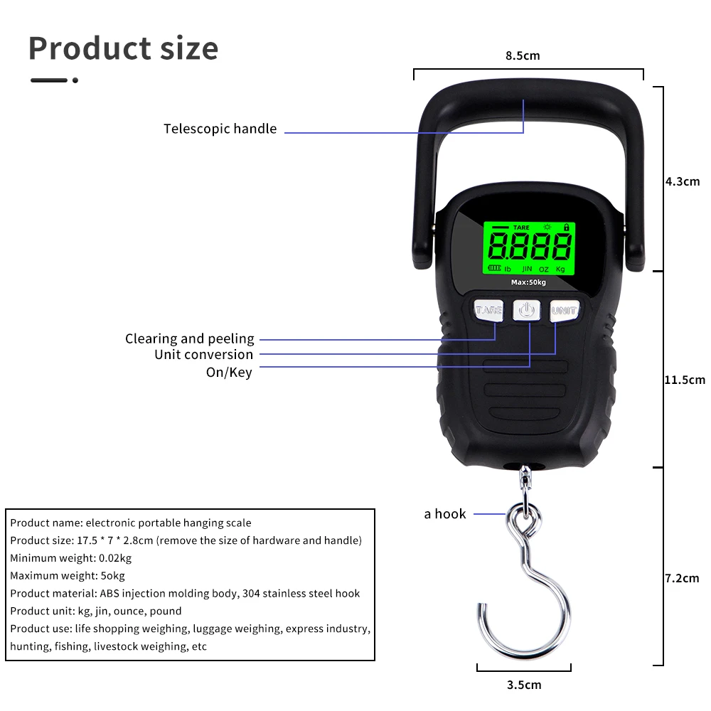 50Kg Hanging Scale with Ruler Digital Portable Fishing Hook Electronic  Weighting Luggage Scale LED Display Balance - AliExpress