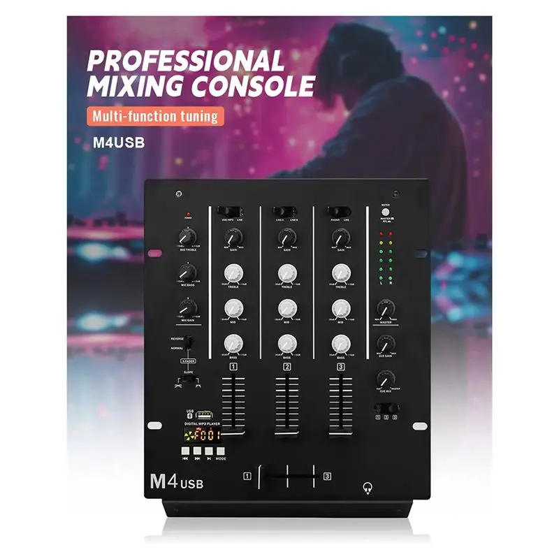 L19-내장형 오디오 인터페이스 3채널 USB DJ 믹서, 교체 가능한 크로스페이더, 3밴드 EQ, 마이크 입력, 미국 플러그 포함