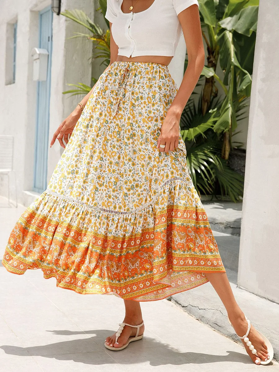 

Women Long Skirt Elegant Elastic Waist Floral Print Flowy Summer Swing Skirt for Casual Daily 2023 New Chic and Cheap Skirt