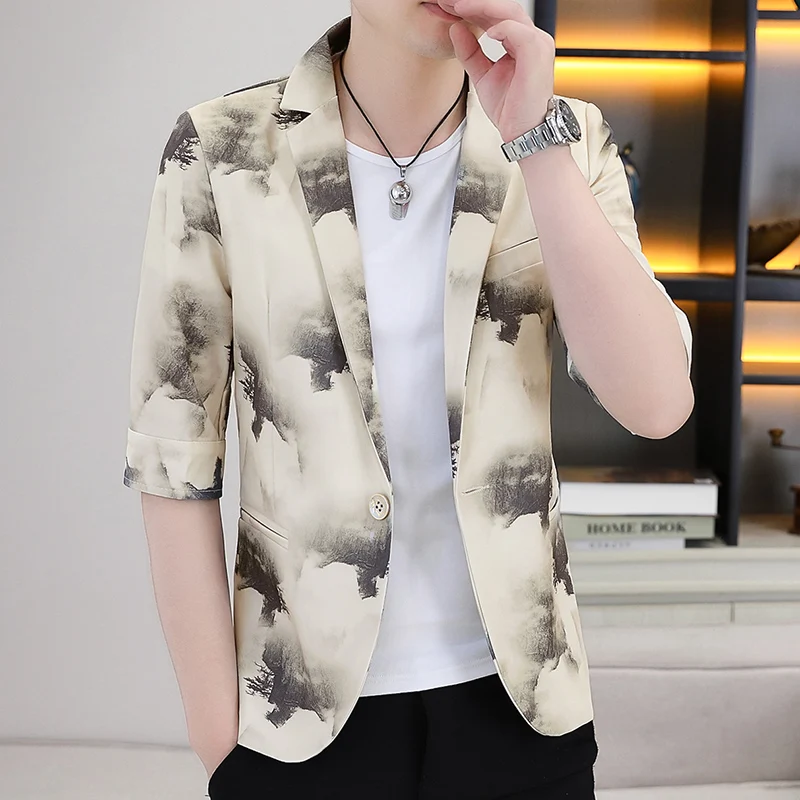 Summer Suit Jacket for Men Lightweight Half Sleeve Blazers Jackets Sunscreen Slim Fit Casual Business Hairstylist Dress Coats