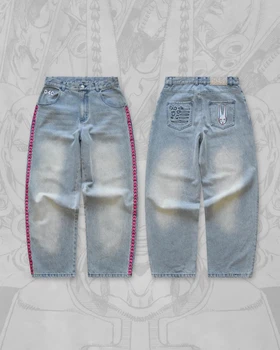 Y2K Men D4C JoJo High Waist Baggy Jeans Women Pink Heart Side Embroidery Loose Fit Washed Denim Pants Streetwear Wide Leg Pants 1