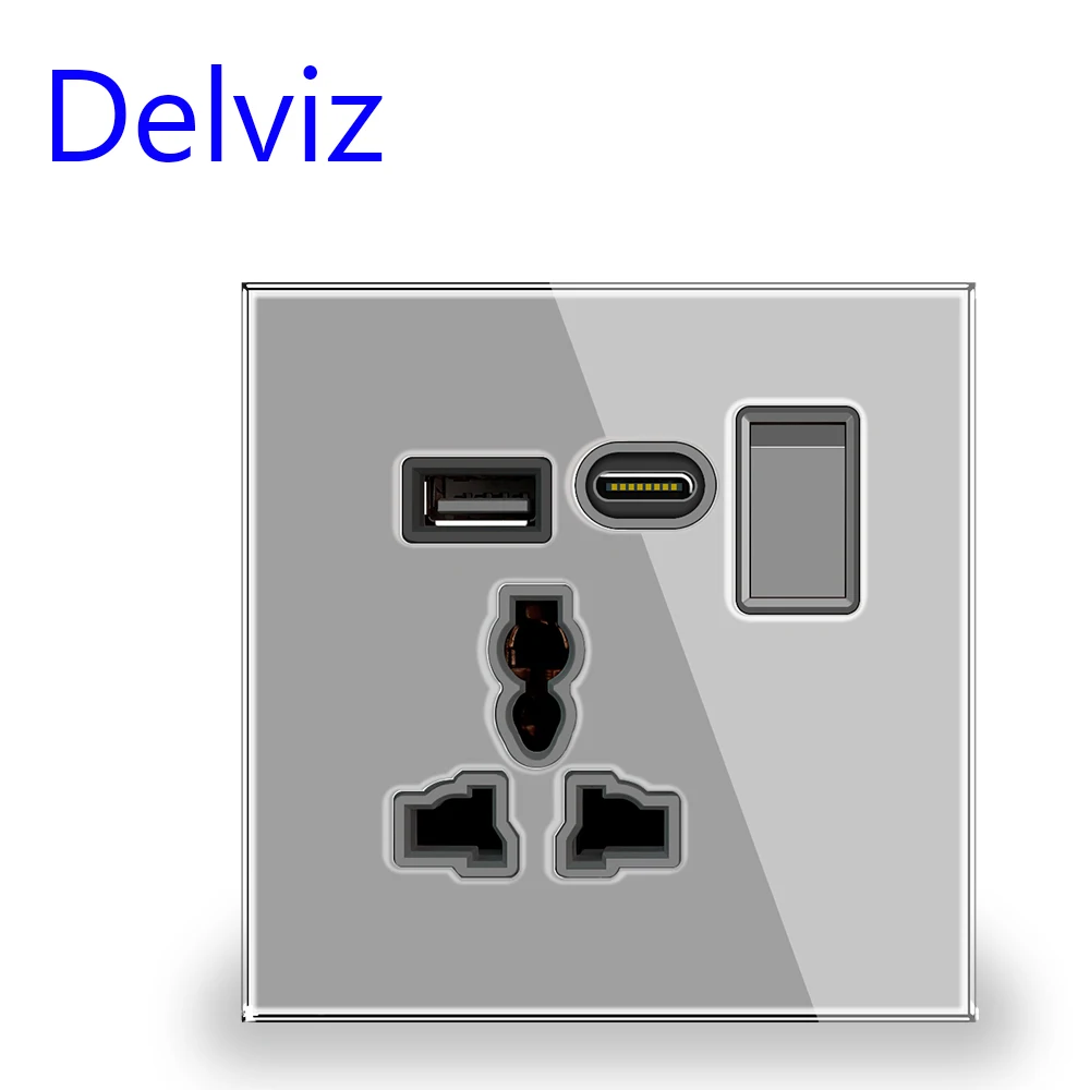 Delviz Universal USB Socket, 2A Dual USB Charger Port,Switch control,Crystal Glass Panel, Electric plug Wall Type c Power Socket