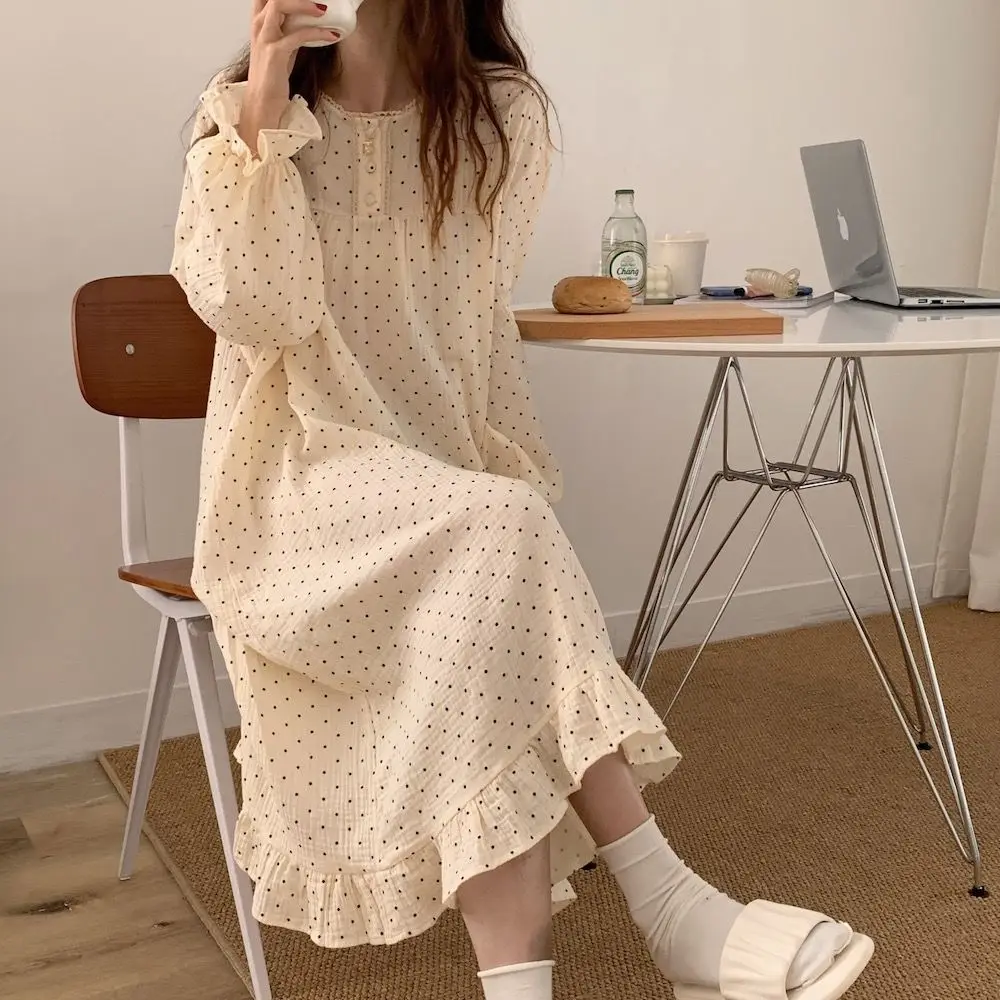 Women Nightgowns Sweet Lace Cotton Long Sleeve Loungewear