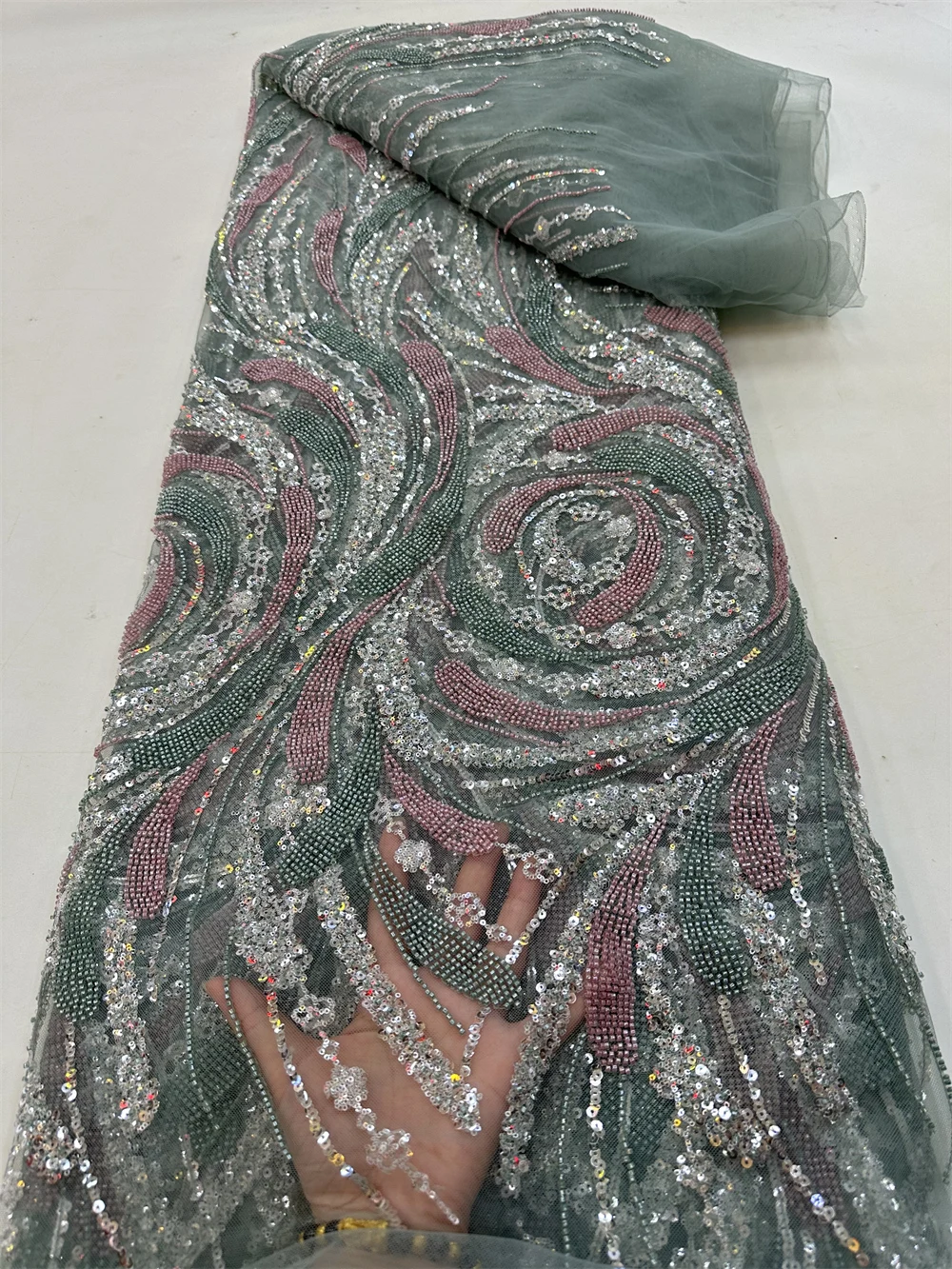African Sequins Lace Fabric 5 Yards High Quality French Nigerian Groom Lace Fabric For Sewing Dress Wedding Sewing QF0628