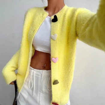 Femmes flou jaune Cardigan coloré coeur boutons à manches longues décontracté automne hiver pull hauts tricot pull 2025 tricots tenues