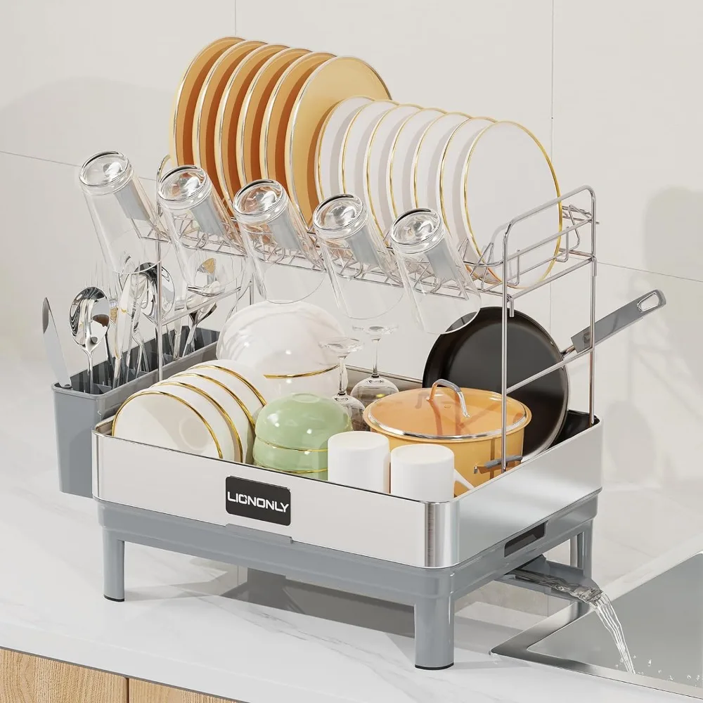 

Dish Drying Rack, Thicker 304 Stainless Steel 2 Tier Durable Dish Drainer with Rotatable Drain Spout, Auto-Drain Dish Strainers