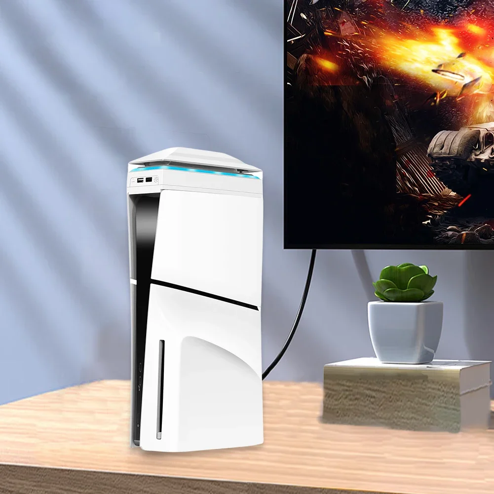 먼지 커버가 있는 냉각 선풍기, 다채로운 LED 조명, USB 포트 2 개, 상단 RGB 냉각 선풍기, PS5 슬림 콘솔 디스크 및 디지털용 선풍기 조절 가능