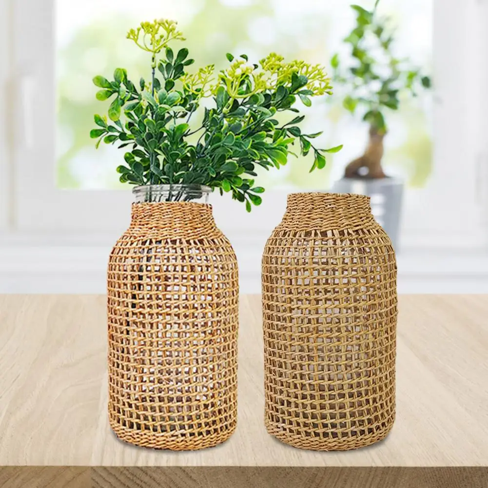 Handmade Straw Woven Flower Vase Anti-broken Japanese Style Glass Vase Plant Pot Table Decoration Scene Layout Prop 3