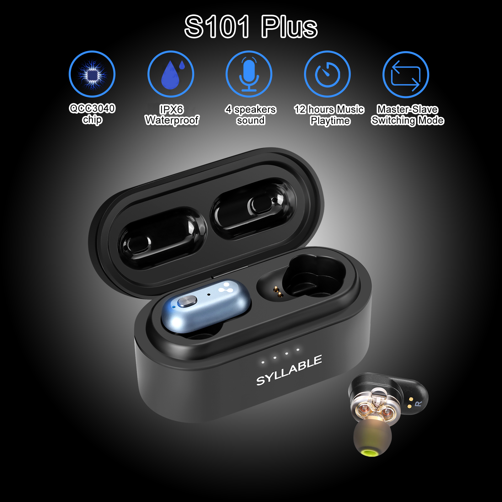  SYLLABLE S101 Plus Dual Dynamic Drivers Strong bass TWS wireless headset for music QCC3040 Chip of SYLLABLE S101 plus 12 hours 