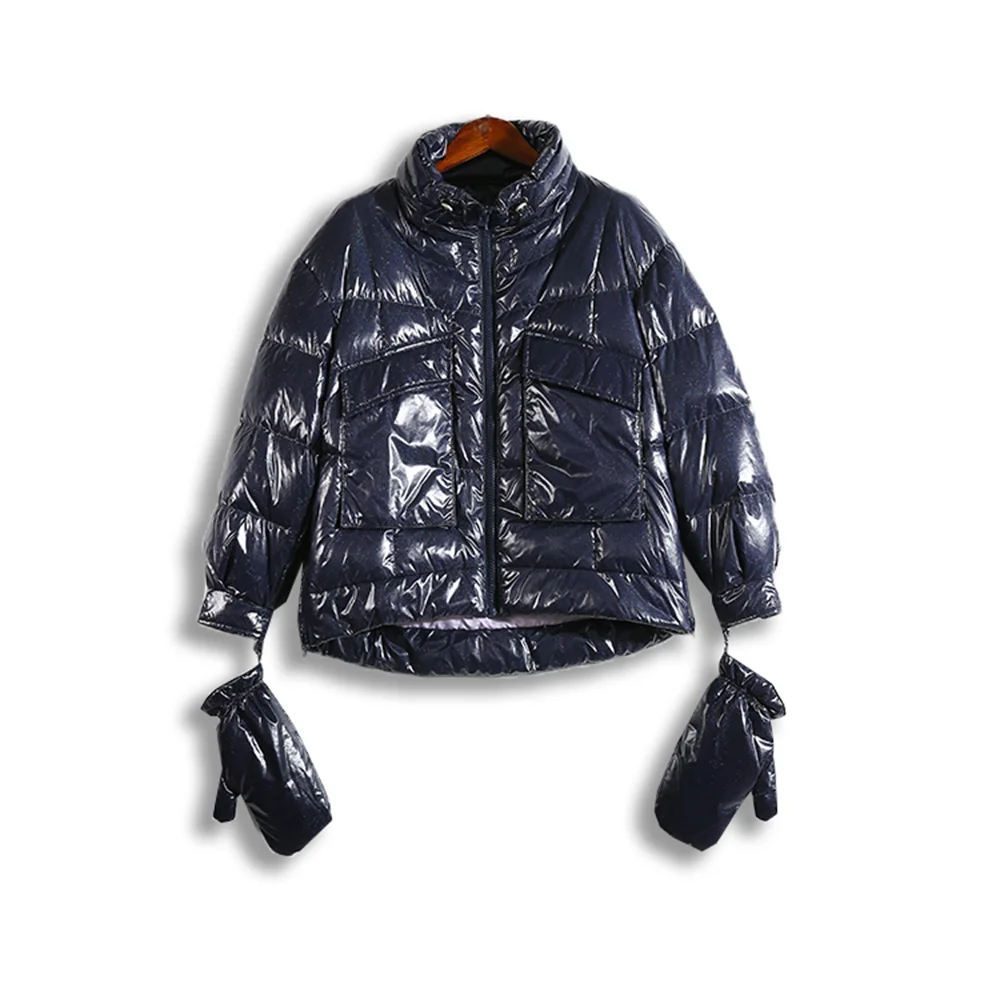 

2023 New Winter Wear Solid Color Fashionable Trend Casual Bright Wash Free Standing Collar Down Coat with Gloves