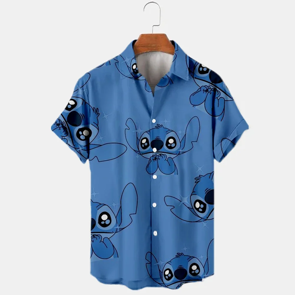 

2023 Summer shirt Disney trend fashion cartoon interstellar baby Stitch Harajuku top men's lapel shirt Disney Hawaiian Shirts