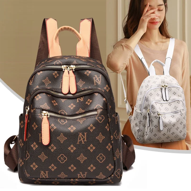 

Fashion PU Backpack Women's Waterproof Schoolbag Quality Women's Travel Bag Solid Color Multi-pocket Single-shoulder Handbag