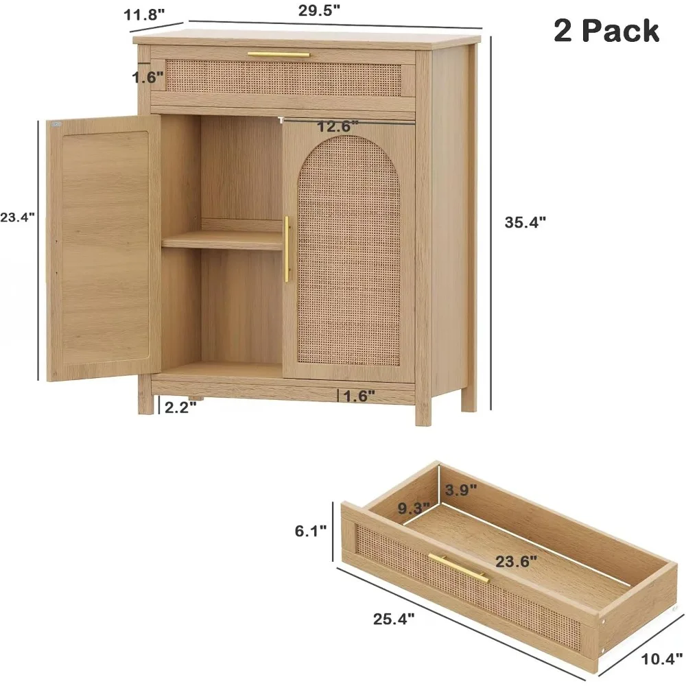 Set of 2 Rattan Accent Storage Cabinet, Floor Cabinet 4 Doors, Bathroom Storage Cabinet Large Drawer, Sideboard Buffet