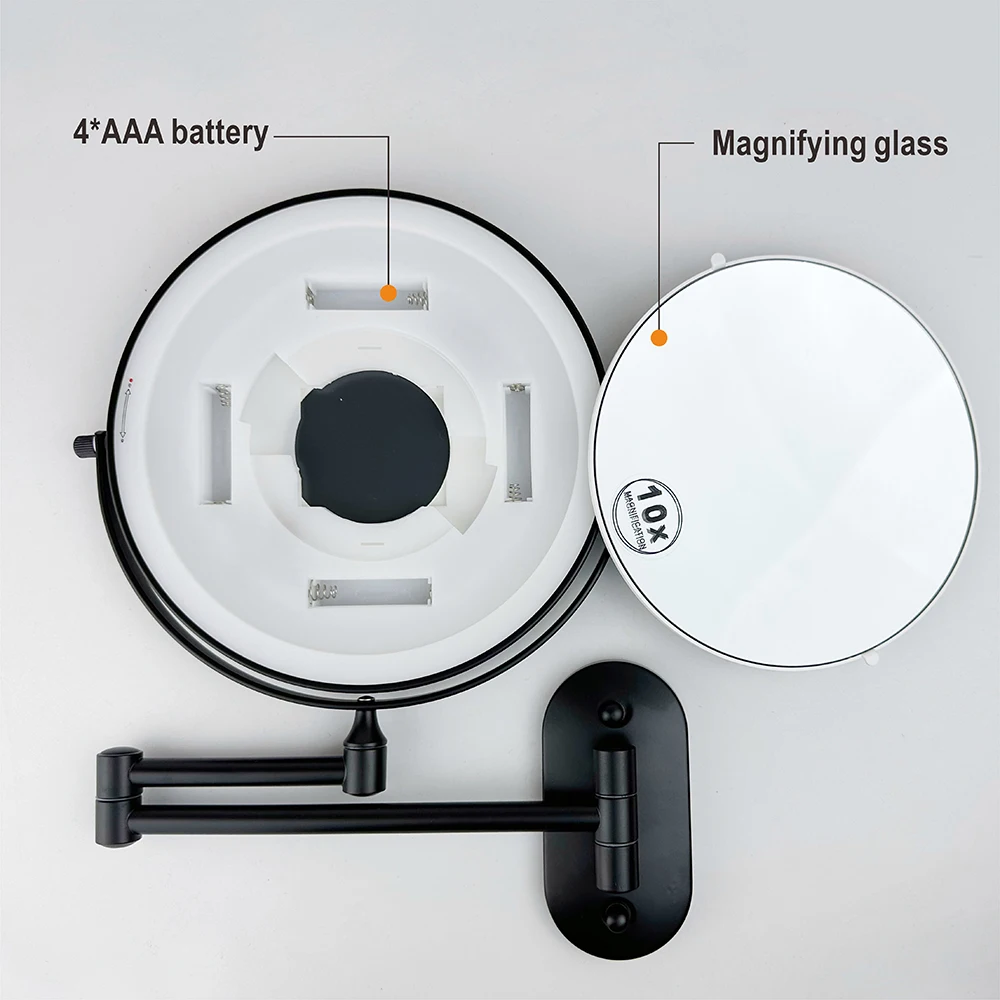 8 Inch Black Wall Mounted Bathroom Mirror 10x Magnifying Makeup Mirror Adjustable Dimming Vanity Cosmetic Mirrors with Light 3