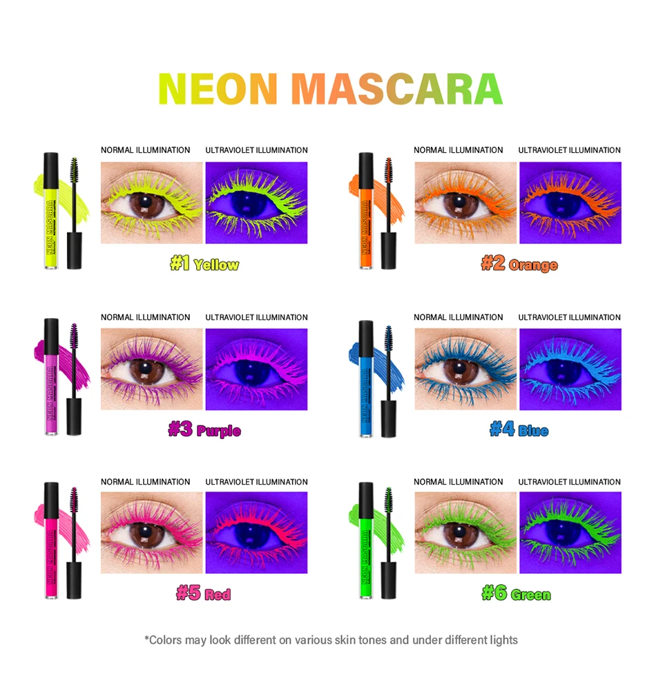 Description Picture 4 of itemFluorescence Mascara Waterproof Eyelash Long Lasting Fast Dry Colorful Neon Eyelashes Curling Lengthens Eye Lashes Cosmetics