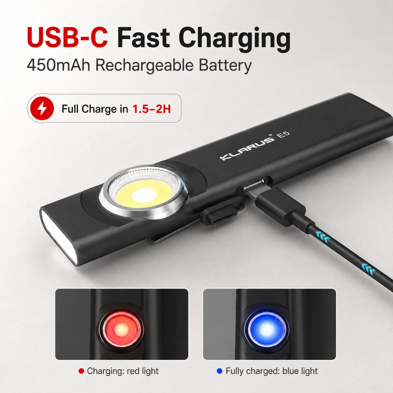 KLARUS E5 충전식 작업등 600LM USB-C 마그네틱 클립 8가지 모드 슬림 EDC 손전등 (캠핑, 수리, 하이킹, 낚시용)