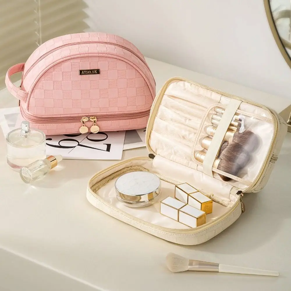 

Large Capacity Checkerboard Cosmetic Bag PU Leather Waterproof Make Up Pouch Zipper Multifunction Travel Wash Bag Female/Girls