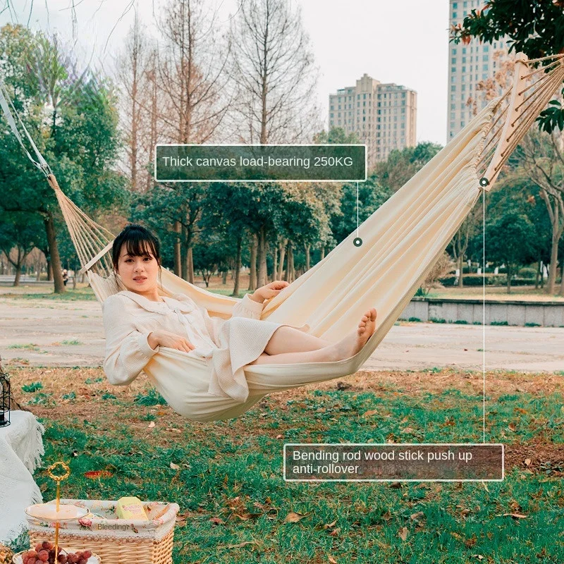 Outdoor Canvas Hammock Adult Camping Swing Outdoor Anti-rollover Single Canvas Portable Hanging Chair 250KG Load new upgraded thickened mosquito net hammock anti rollover parachute cloth hammock outdoor double camping swing chair