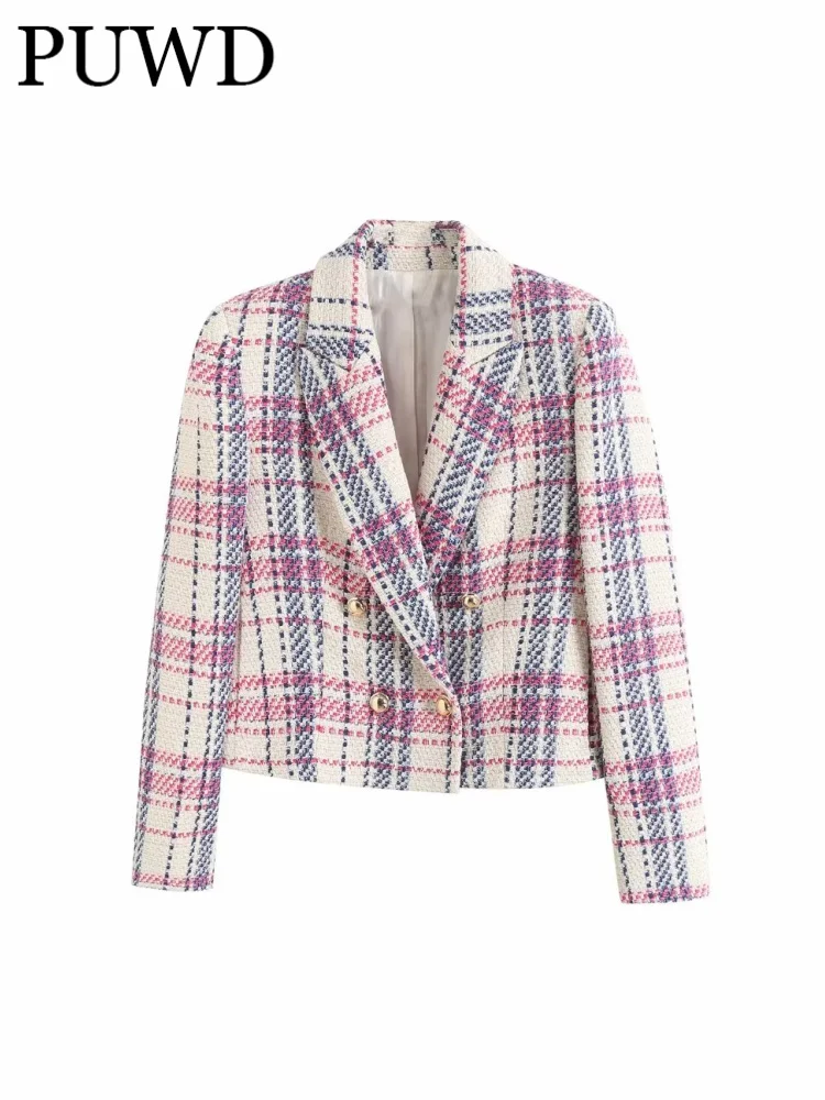 

PUWD Women Fashion Pink Double-breasted Textured Plaid Blazer Coat 2023 Spring Vintage Long Sleeve Female Outerwear Chic