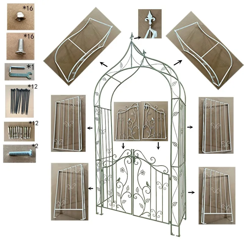 Sturdy metal garden arch gazebo with decorative iron gate-perfect for climbing plants in lawns, backyards and gardens