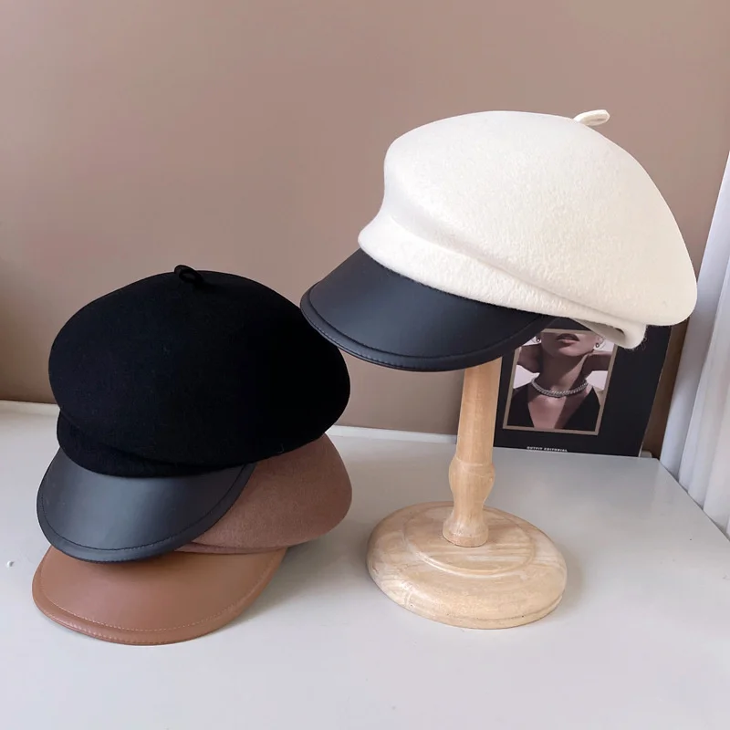 

2023 New Fashion Women Newsboy Cap Sloping PU Brim Wool Winter Hat Ladies Beret Hat Visor Cap Cabbie Girls Paperboy Cap Ivy Hat