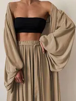 Sexy Solid Color Three-Piece Set 2025 Autumn Women Tube Top Beach Dress Crop Top Trousers Long Sleeve Cardigan 3 Piece Set A1642 - Image 6