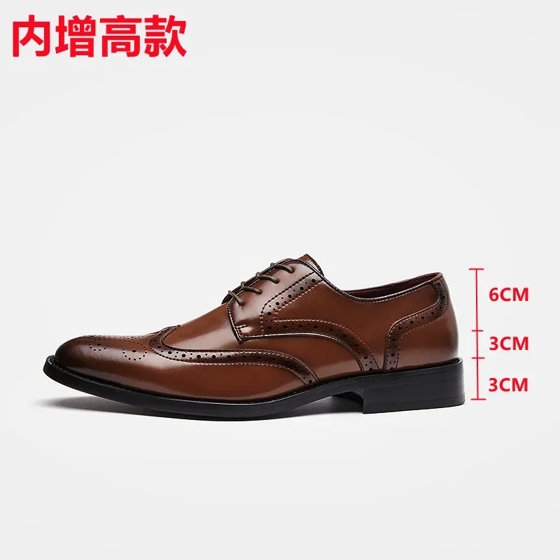 Men Height Increasing Leather Shoes Genuine Leather Brogue 6CM Increase Formal Dress Shoe Business Office Shoes