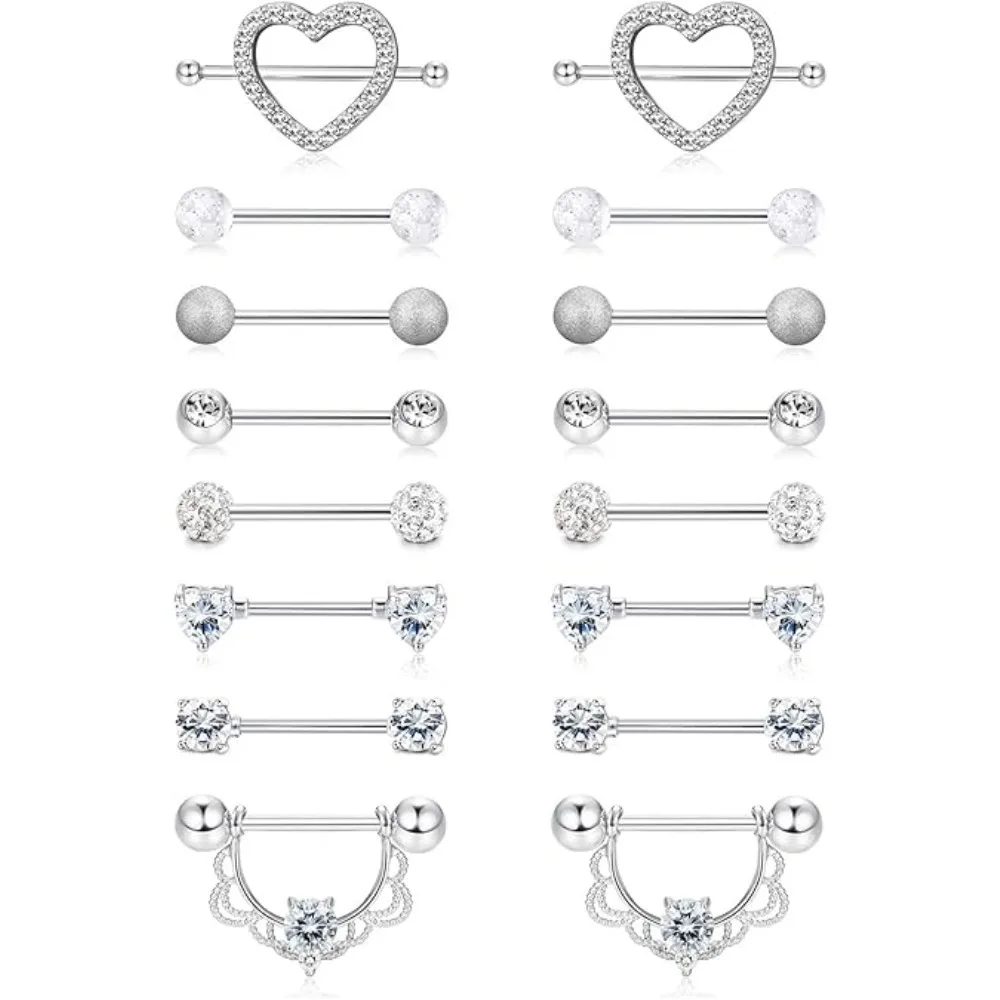Bobisty 1pc 14G Nipple Rings 316L Surgical Steel Heart CZ Tongue Barbell Body Piercing Ring