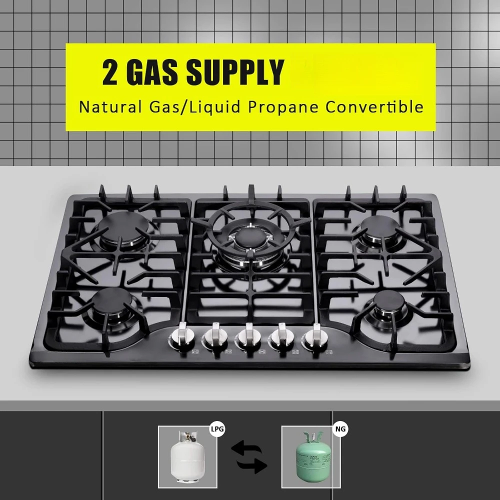 30 Inch Gas Cooktop, Built-in Stainless Steel Gas Stovetop 5 High Efficiency Burners Gas Stove  Convertible Gas Hob (Black) 5