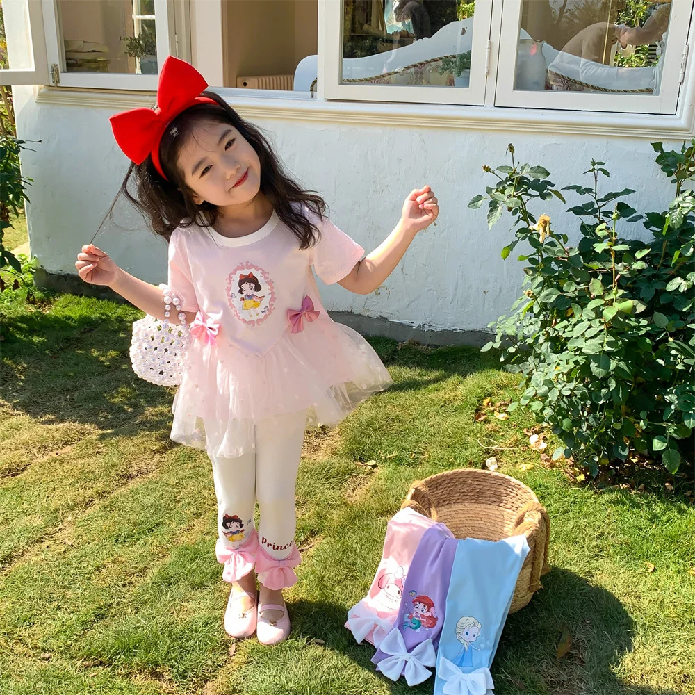 

Kids Girls Summer Clothes Suits Elsa Snow White Princess Print Mesh Short Sleeve T-shirt Leggings Pants Sweet Cute Two Piece Set