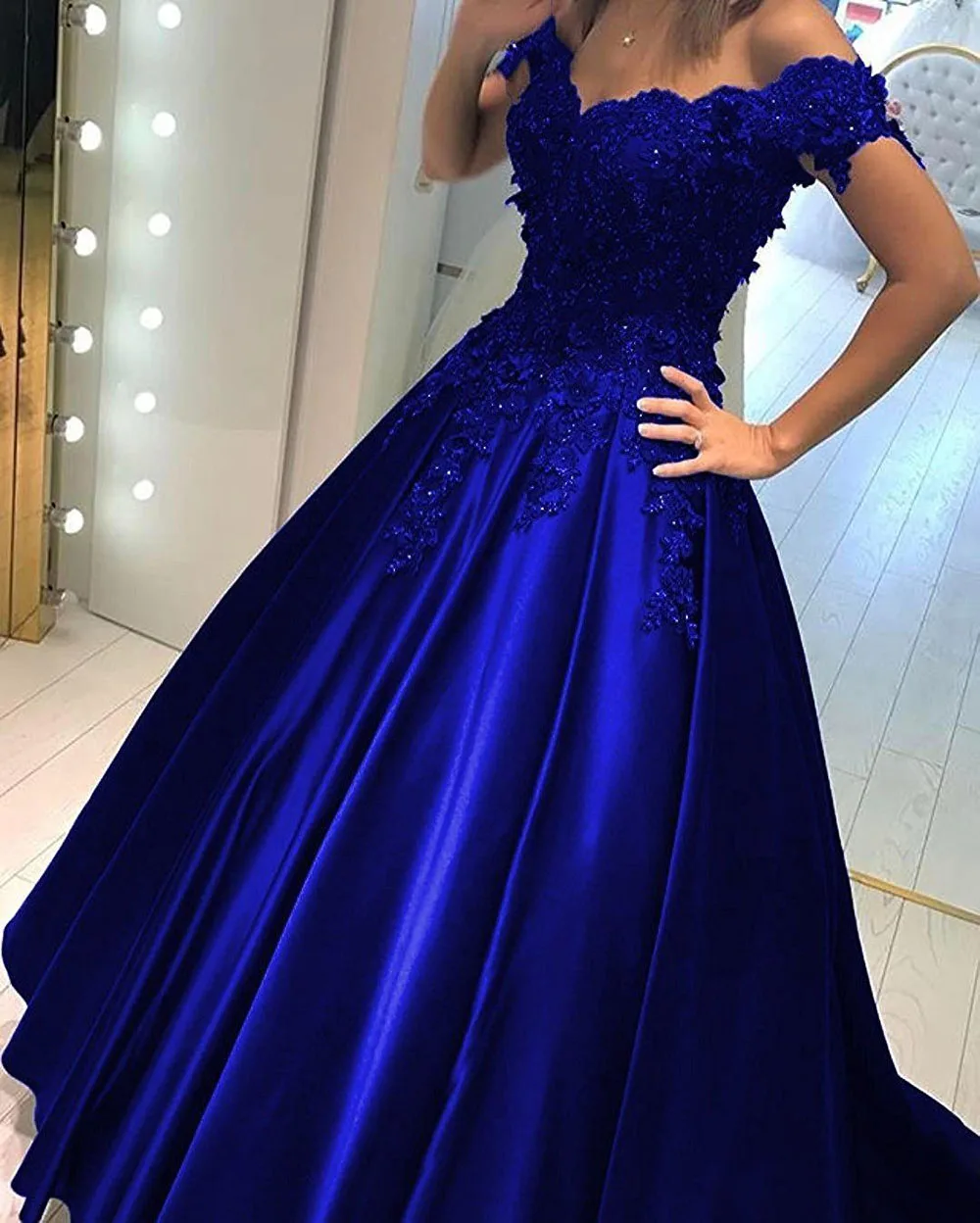 2023Royal-Blue-Ball-Gown-Cheap-Prom-Dress-Off-the-shoulder-Lace-3D ...