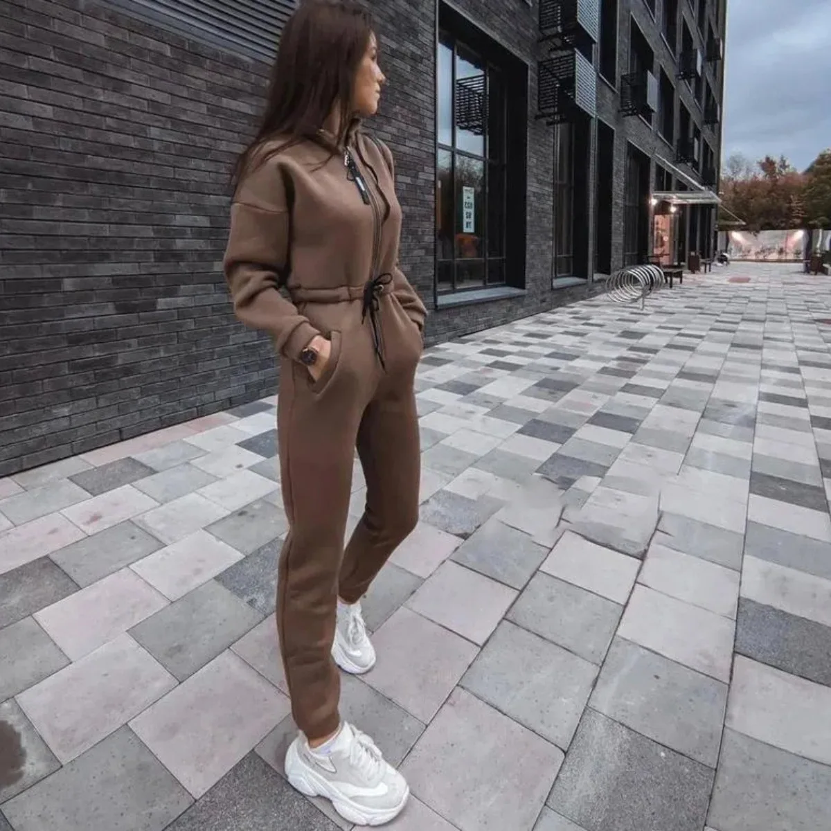 SKMY 캐주얼 여성 후드 스포츠 긴팔 점프수트 바지, 가을 겨울